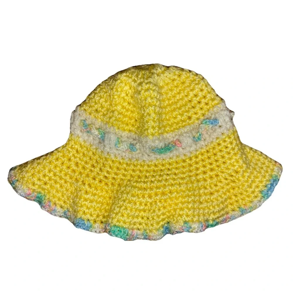 Bucket Hat Children Girls Yellow‎ Pastel Bow Handmade Crochet Hat NEW
